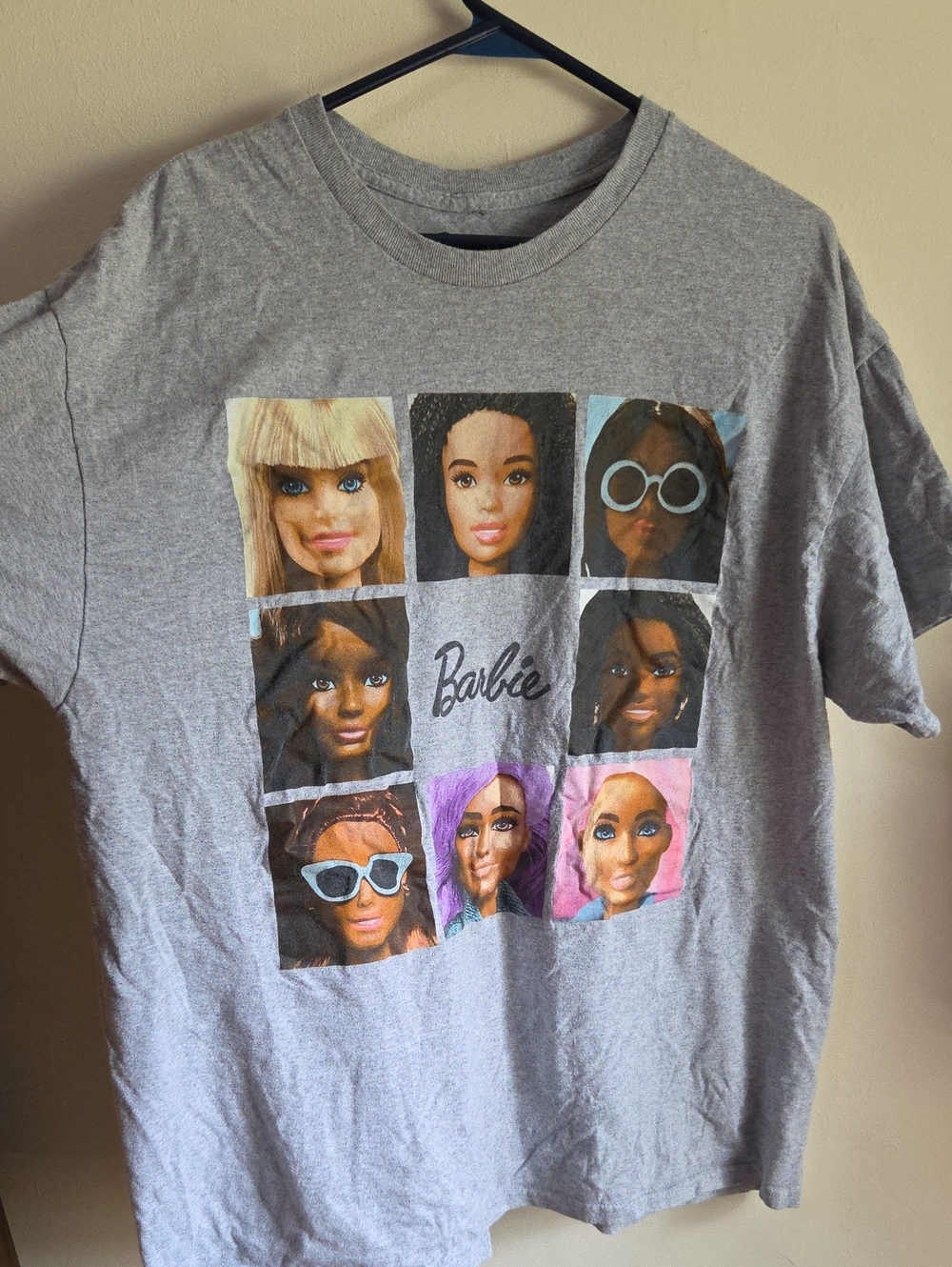 Rue21 Gray Barbie Grid Tee with Multicolor Doll Faces